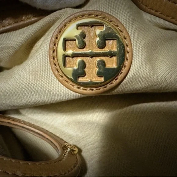 Tory Burch Tan Leather Tote with orange gold cherry keychain Charm - Picture 7 of 17